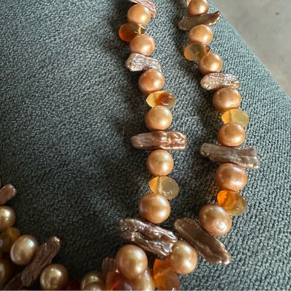 Amber Agate Biwa Pearl Sterling Double Layered Choker Necklace OOAK Handmade - Picture 10 of 16